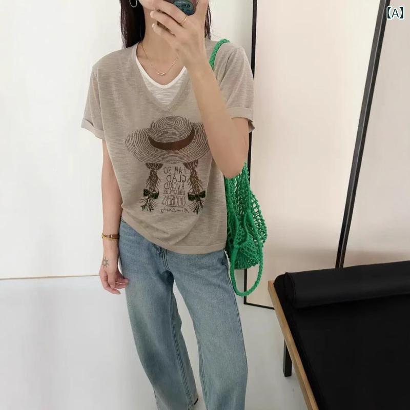 Tシャツ レディース 半袖 ストライプ Vネック カットソー トップス オーバーサイズ ゆったり 配色 切り替え 体型カバー 涼しい カジュアル 通気性 着回し お出かけ 夏服｜mandarino