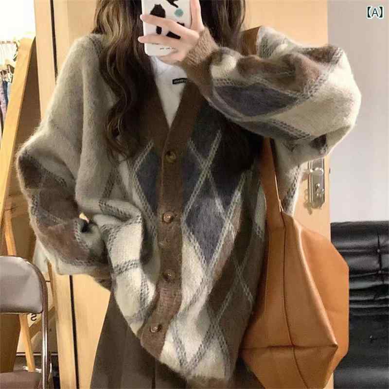 ニットカーディガン レディース 菱形柄 長袖 ゆったり 厚手 ケーブル編み 秋冬 前開き 柔らかい 羽織り アウター 通勤 通学 カジュアル 体型カバー 着回しやすい ボタン付き シンプル 防寒 おしゃれ