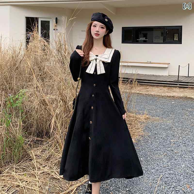 ワンピース レディース 長袖 Aライン ミモレ丈 方領 リボン 切り替え ウエストマーク 体型カバー 着痩せ お出かけ デート 秋服 冬服 膝下丈