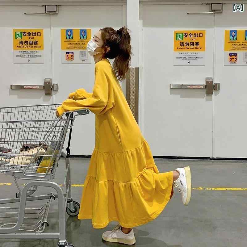 ワンピース レディース 長袖 Aライン チュニック スウェット素材 荷葉襟 体型カバー ゆったりサイズ ロング丈 カジュアル 部屋着 普段着 動きやすい 大きいサイズ ゆったりシルエット 楽ちん 秋冬