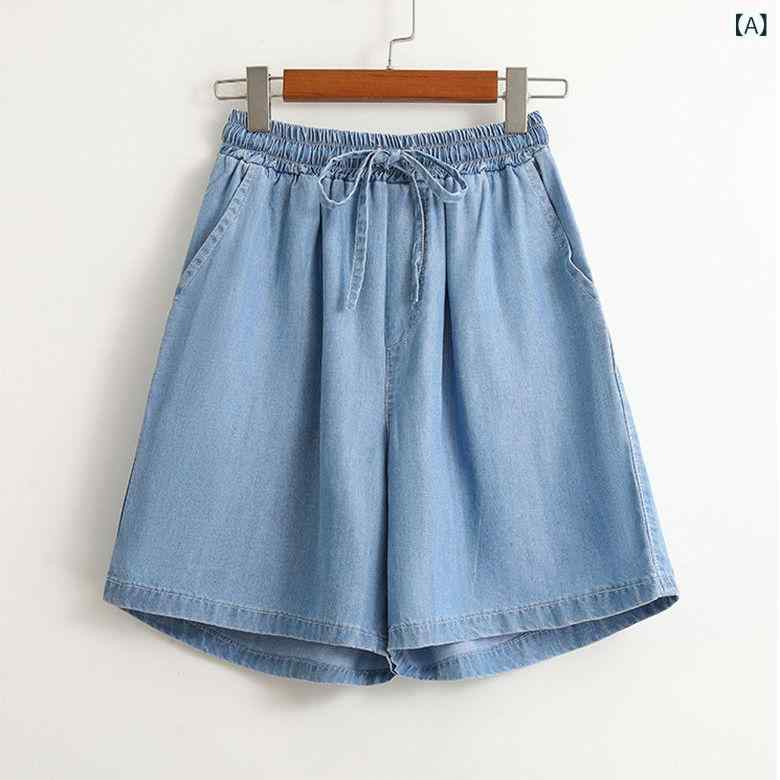 ショートパンツ レディース デニムパンツ 五分丈 ワイドパンツ ハイウエスト ボトムス コットン混 涼感 薄手 伸縮性 ストレッチ ゆったり 動きやすい 体型カバー ルームウェア 部屋着 カジュアル