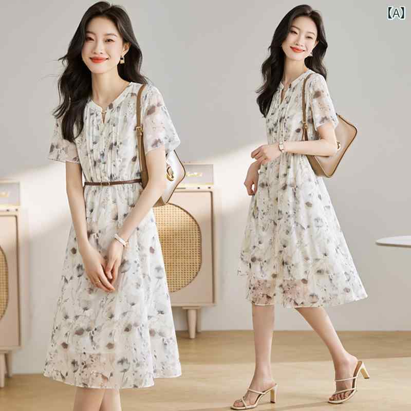 ワンピース レディース 花柄 ロング丈 半袖 Vネック フレア Aライン きれいめ 春夏 シフォン素材 ウエストマーク 体型カバー 着痩せ お呼ばれ デート リゾート おしゃれ 軽量