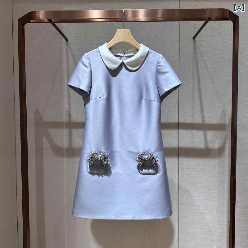 ワンピース レディース 半袖 膝丈 リボン 襟付き ビジュー装飾 Aライン フレア ガーリー かわいい きれいめ お出かけ 通勤 デート 春夏 体型カバー 着痩せ