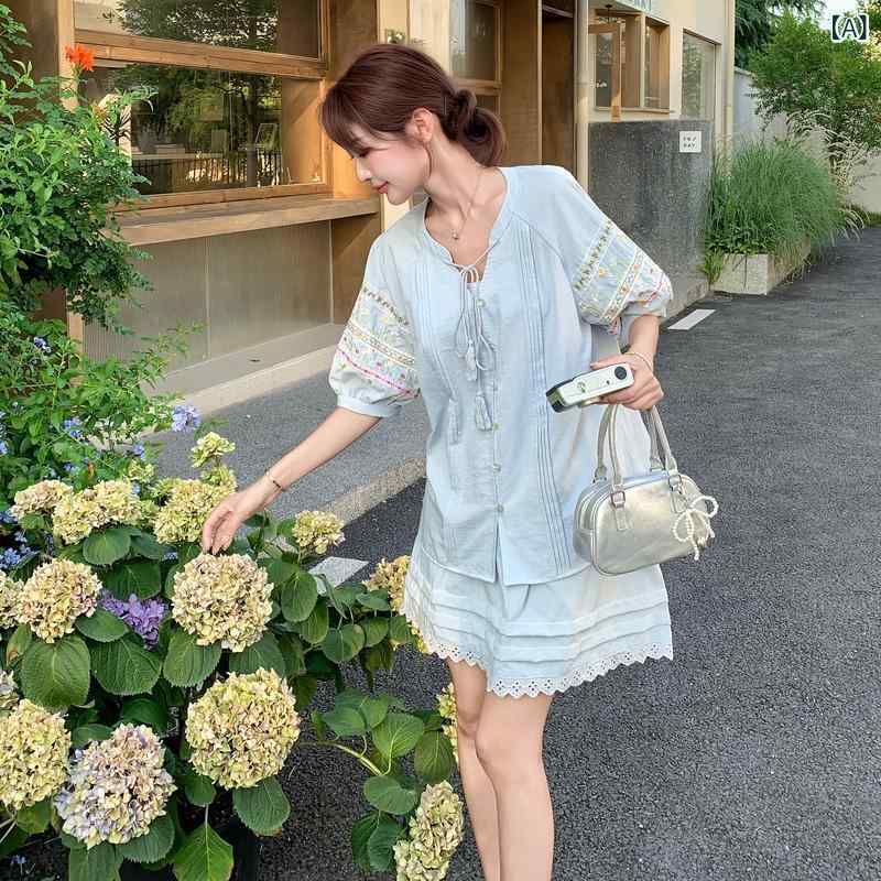 セットアップ レディース 民族風 刺しゅう 半袖プルオーバー トップ ロングスコート 2点仕掛ける 夏服 夏物 綿混素材 通気性 上下仕掛ける 着回し力 心地好い 自然的 冷やりとした お出かけ 通学 会う約束