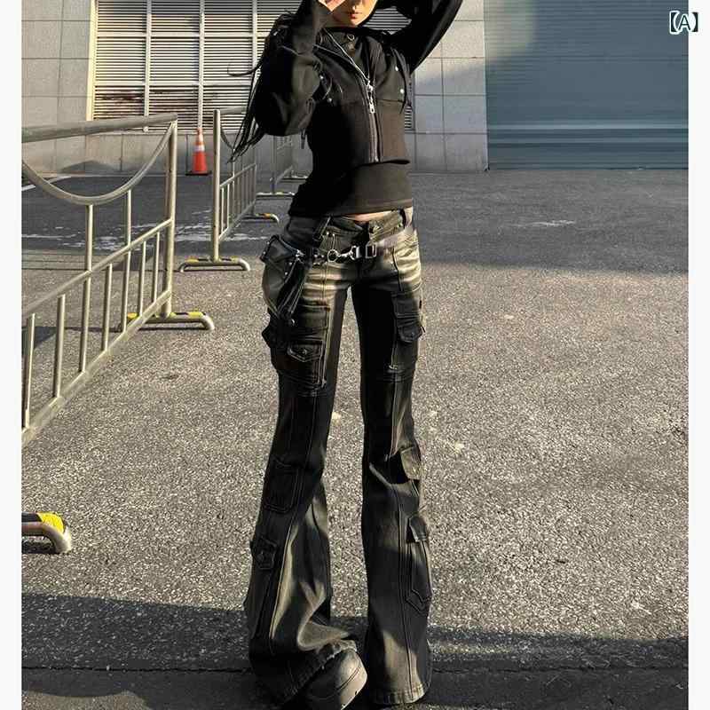 カーゴパンツ レディース 広広としたズボン下 ジーンズ デニム ローライズ 微太陽フレア ボトムス ロング丈 伸ばすこと 衣嚢付き添い人 体型押しかぶせる 動き分かりやすい 社交ダンスお召しもの 表どおり系 普段使い走り 普段着