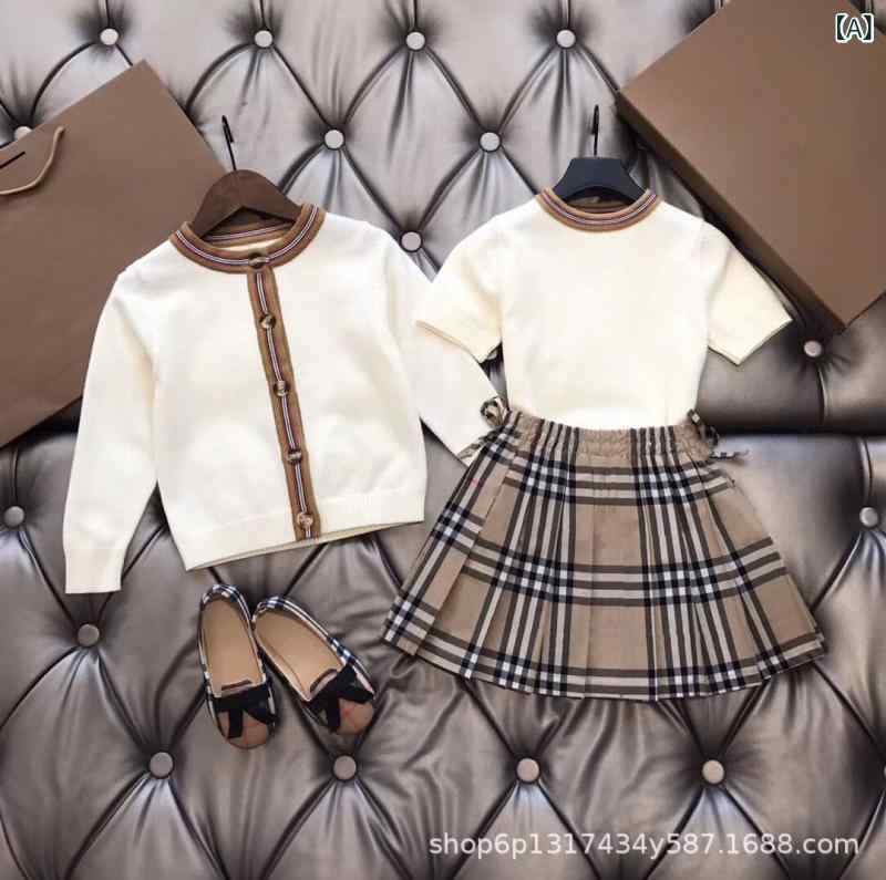 セットアップ キッズ 御姉さん 半袖 編み物 ジレー 筋目スコート 3点仕掛ける 赤ちゃん服 心地よい 英倫風 綿織物混 通学 通園 お出かけ 動き分かりやすい 組みあわせ親しさ 分かりやすい 愛くるしげ 春夏