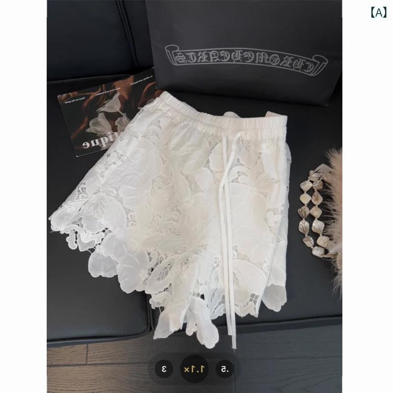 ショートパンツ レディース レース キュロットパンツ ドローストリング ウエストゴム Aライン ボトムス 透け感 フェミニン 通気性 動きやすい 夏用 カジュアル おしゃれ 普段着 脚長効果｜mandarino