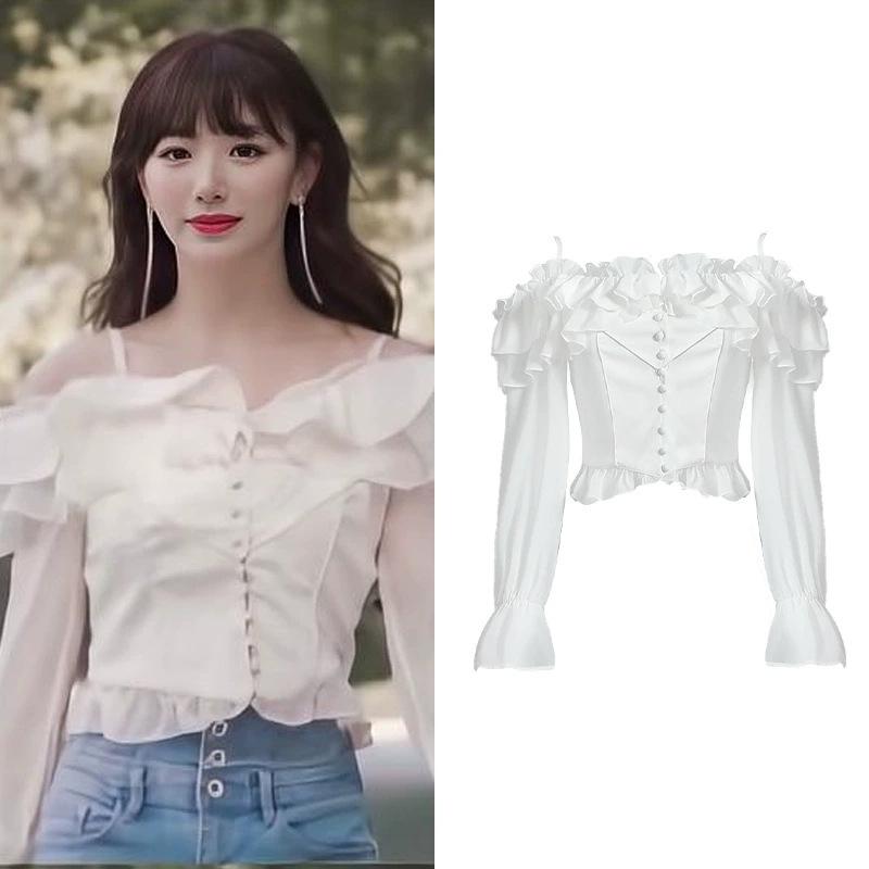 トップ レディース シフォン トップス オフショルダー フラウンス 袖付き添い人 長袖 夏服 好いたらしいめ 通気性似つかわしい 冷やりとした デコルテ見せ お出かけ 会う約束服 体型覆いかぶせる 口さかしいで動き分かりやすい 夏時御召しもの