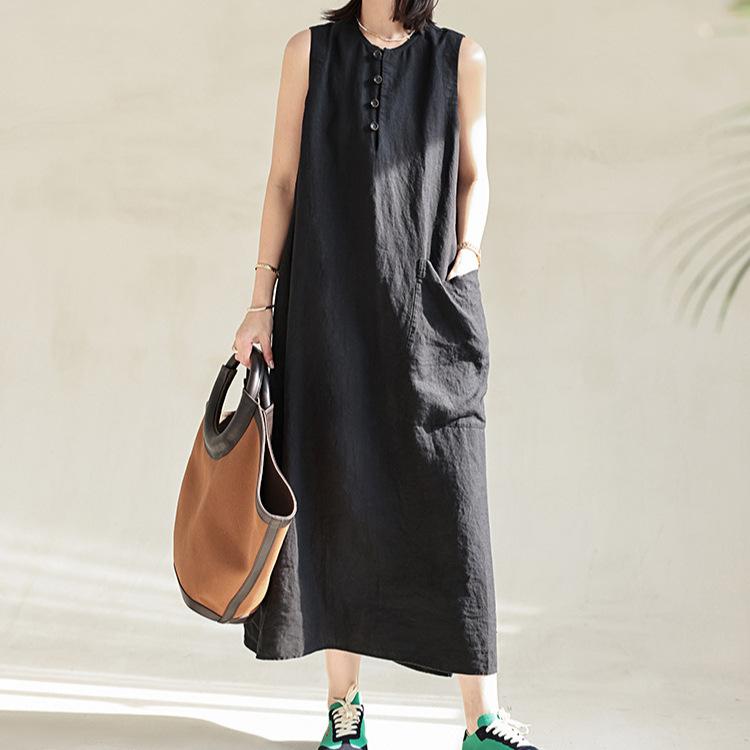 ワンピース レディース ノースリーブ ロング丈 リネン混 マキシ丈 フレア ゆったり 体型カバー ナチュラル シンプル 通気性 涼しい お出かけ リゾート 休日 ロングワンピース｜mandarino