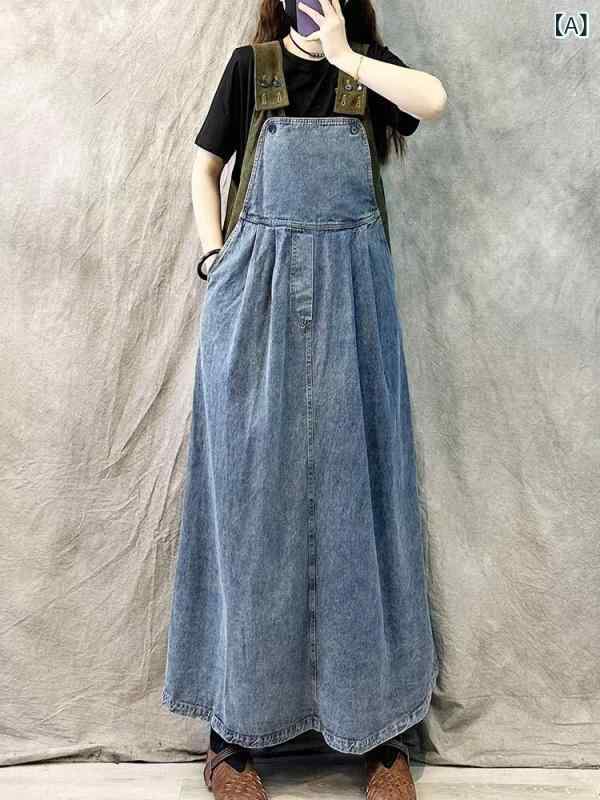 ワンピース レディース デニム ジャンパースカート ロング丈 ノースリーブ ステッチ マキシ丈 調整可能 重ね着 ゆったり 体型カバー 大人 カジュアル デニムワンピース 動きやすい｜mandarino