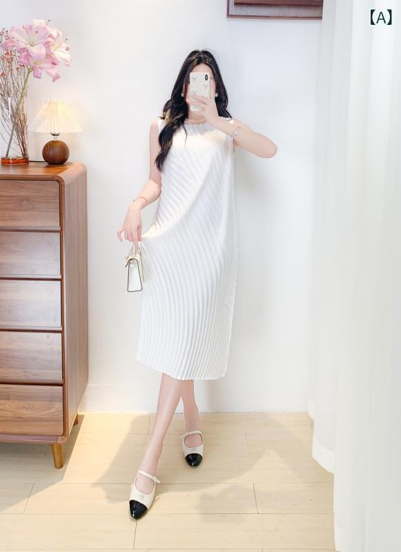 ワンピース レディース ノースリーブ ロング丈 プリーツ素材 ラウンドネック Aライン ゆったり 体型カバー マキシ丈 デイリー カジュアル シンプル 軽量 動きやすい 重ね着 着回し｜mandarino
