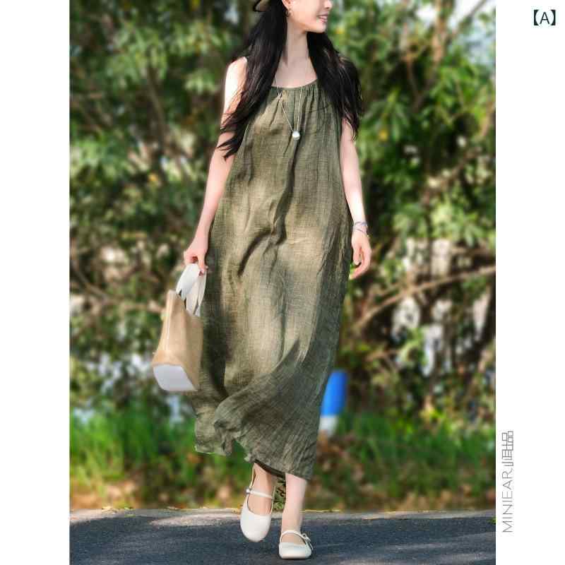 ワンピース レディース サマードレス ロング丈 リネン風 ノースリーブ シンプル 無地 フレア ゆったり 体型カバー カジュアル お出かけ 旅行 リゾート 大人 通気性 涼しい マキシ丈｜mandarino