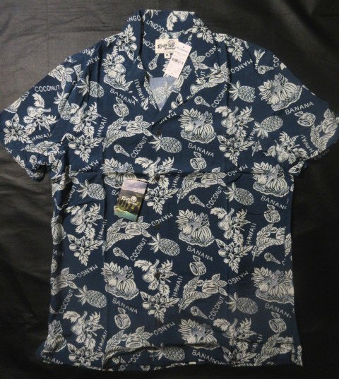 本物正規◆REYN SPOONER レインスプーナー◆アロハシャツ/半袖シャツ FRUITS OF THE ISLAND■ブルー/紺■レーヨン■BLUE 新品■ハワイ企画　オープンカラー