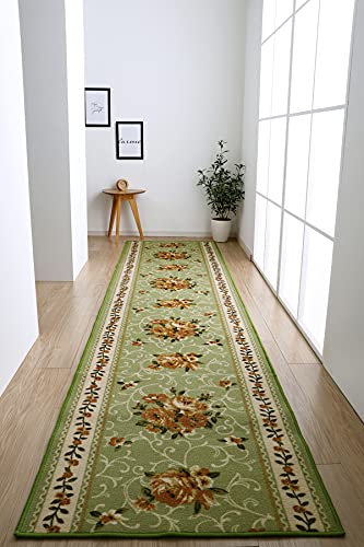 イケヒコ 廊下敷き マット 花柄 エレガンス 撥水 キャンベル グリーン 約60*440cm #4730329