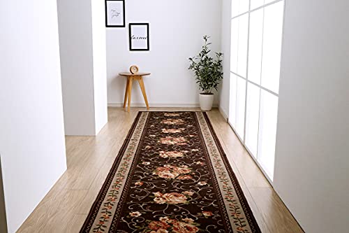 イケヒコ 廊下敷き マット 花柄 エレガンス 撥水 キャンベル ブラウン 約60*440cm #4730229