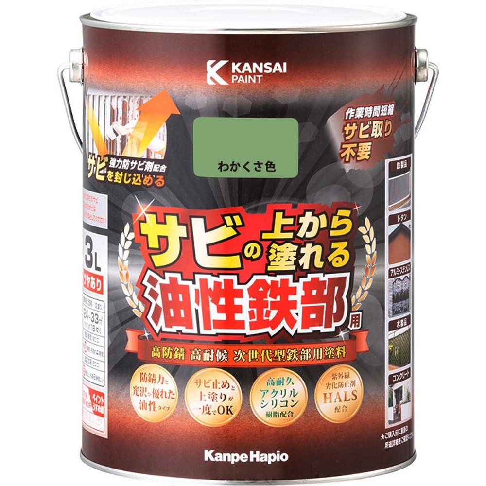 カンペハピオ ペンキ 塗料 油性 つやあり 鉄部用 高耐久 防サビ サビの上から塗れる 油性鉄部用S わかくさ色 3L