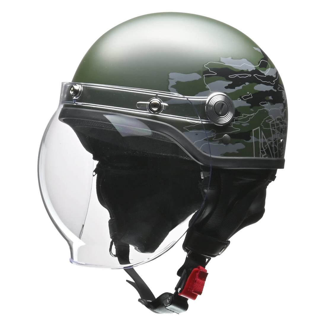 [リード工業] バイクヘルメット ハーフ CROSS バブルシールド付き CR-760 ミリタリーグリーン フリーサイズ (57-60cm未満) ミニタリーグリーン