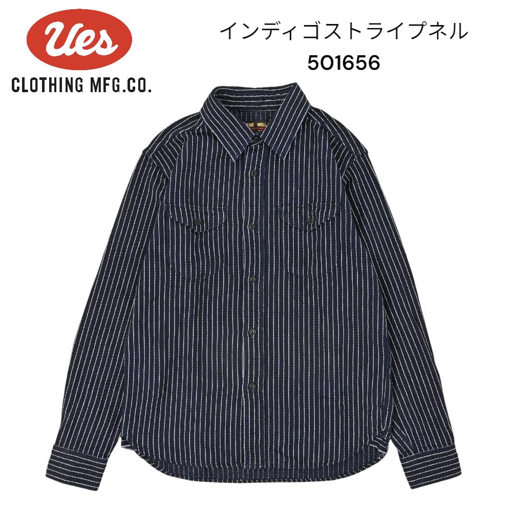 UES ウエス インディゴ ブルー シャツ ストライプシャツ ネルシャツ 14.5oz お洒落シャツ 長袖 アメカジ メンズ ストライプ シャツ 厚手 ブランド おしゃれ 秋 メンズストライプシャツ おしゃれシャツ 秋服 冬 送料無料 コットン100% 日本製 501656｜Forwards 店