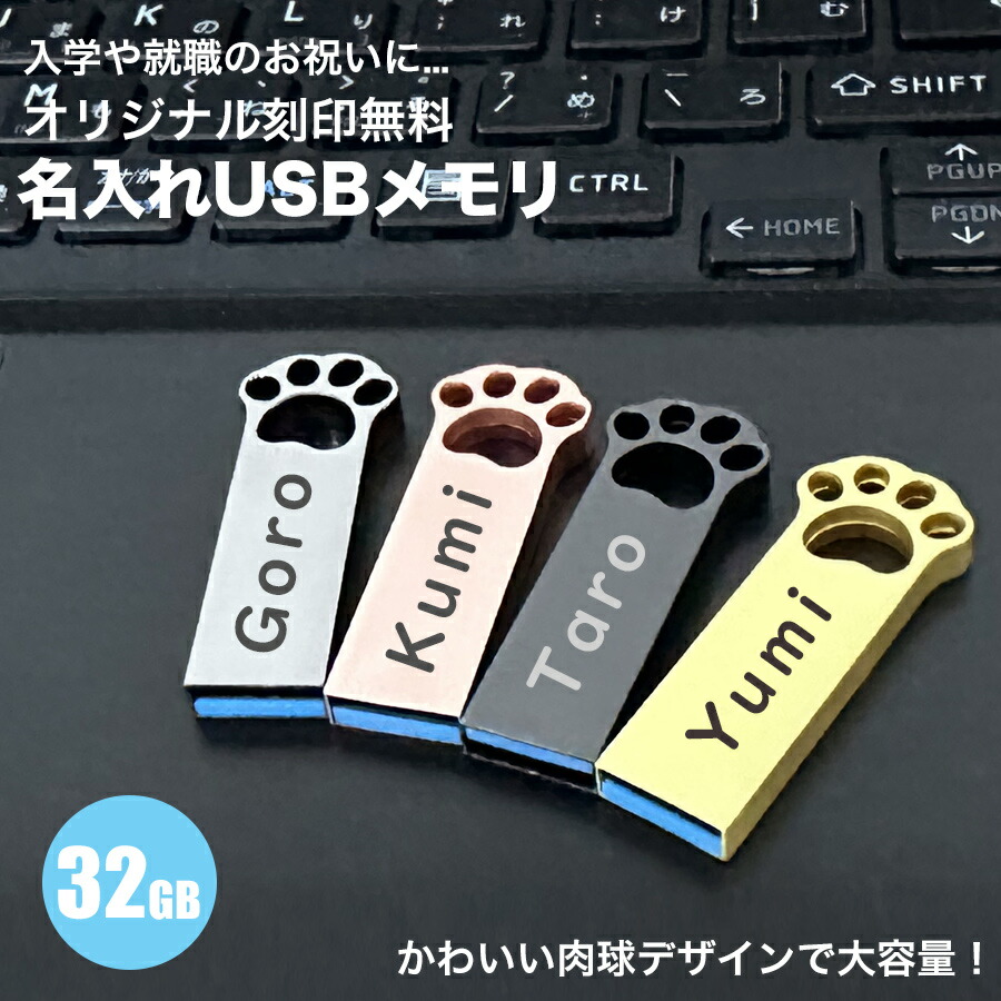 名入れ USBメモリー 32GB プレゼント ステンレス 名前入り 彫刻 刻印 ギフト 可愛い 猫の手 フラッシュメモリー Uディスク データ保存 小型 軽量 コンパクト画像