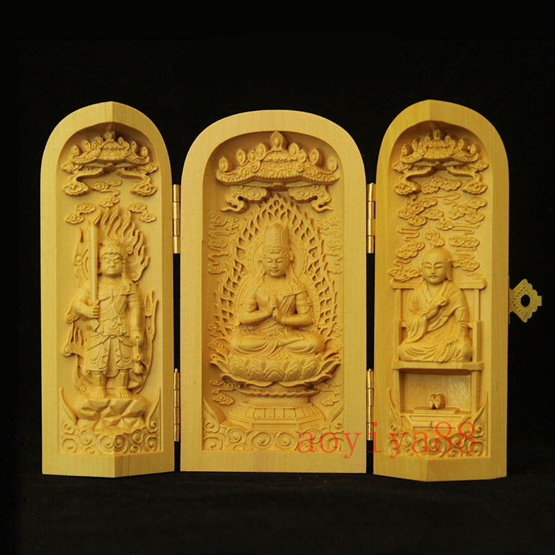 木彫 三開仏 真言宗 三尊 不動明王 大日如来 弘法大師 仏龕 不動尊 木製彫刻 繊細 手彫り 天然木 精巧な彫り 開運 祈る 厄除け