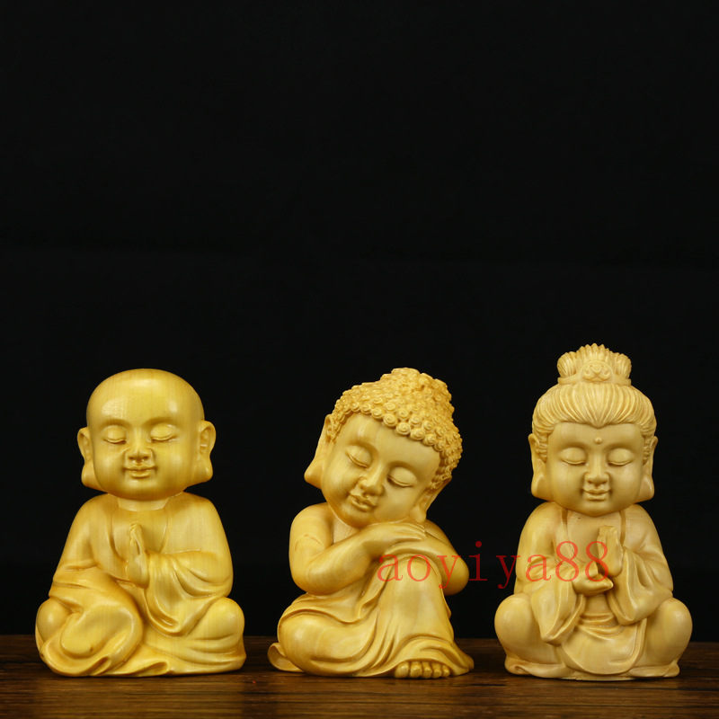 黄楊木彫り 娑婆三聖【釈迦如来・地蔵王菩薩・観音菩薩】禅定印 瞑想 置物 ミニ型 木製彫刻 開運厄除け 純手工彫刻 精密彫刻 3尊セット