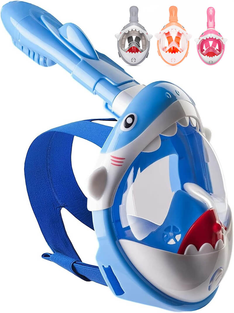 シュノーケルマスク サメ柄 子供用 浸水防止 ダイビングマスク 180°パノラマシービュー フルフェイス型 防曇設計 4色 水中メガネ 海水浴 180度視野 曇り止め シリコン 超広角