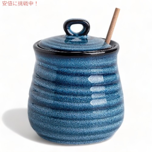 Hasense 蓋付き セラミックハニージャー 木製ディッパー付き 蜂蜜容器 [ブルー] Ceramic Honey Jar with Lid Porcelain Honey Dipper Stick and Jar Set