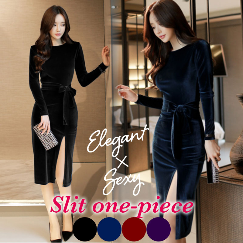 楽天市場 ベルベット ドレス ワンピース レディース 長袖 ベロア フォーマル 膝丈 Aライン フレアスカート スリット入り セクシー 大人 上品 シンプル 大きいサイズ 誕生日 パーティー 参観日 膝丈 あす楽 メール便送料無料 Fournine
