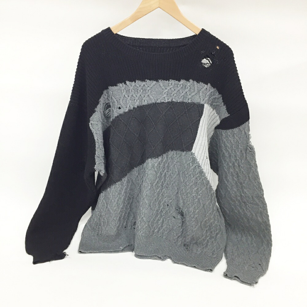 NEIGHBORHOOD(ネイバーフッド) PATCHWORK CREW KNIT ダメージ加工 パッチワーク クルー ニット サイズ：L カラー：ブラック・グレー 【中古】【126 ストリート】 【鈴鹿 併売品】【126-250211-06OS】