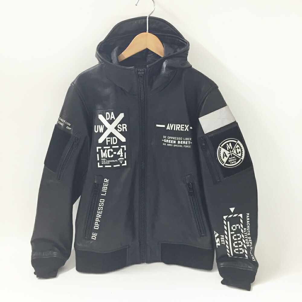 AVIREX(アヴィレックス) LEATHER HOODIE HALO/6191061/ラムレザージャケットサイズ：L色合い：黒いこと【中古】【128 アメカジ】【鈴鹿 併売】【128-260608-06os】