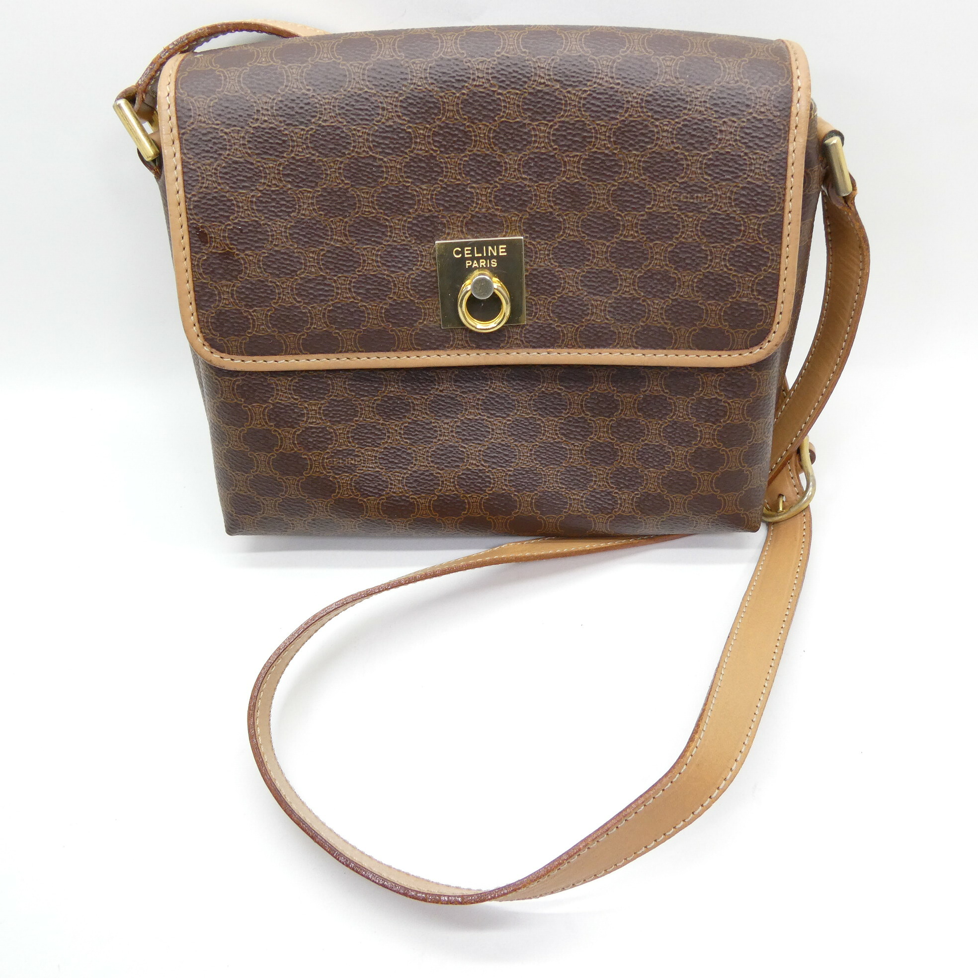 CELINE セリーヌ マカダム ショルダーバッグ 御徒面子 PVC 帆布  なめし革 赤銅色  【中古】【148 SPブランド名】【四日市 併売品】【148-260521-02OH】