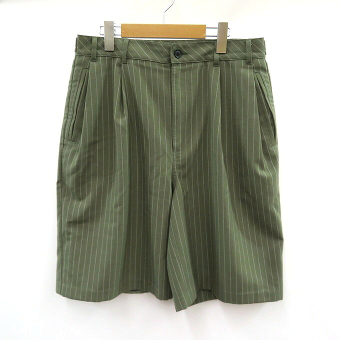 STUSSY 24SS VOLUME PLEATED SHORT STRIPE ステューシー 音の大きさ 筋目 遊撃手 縞模様 二分の一ズボン下 24S112312 オリーブ 大きさ：30【中古】【126 表どおり】【四日市 併売品】【126-250817-01VH】