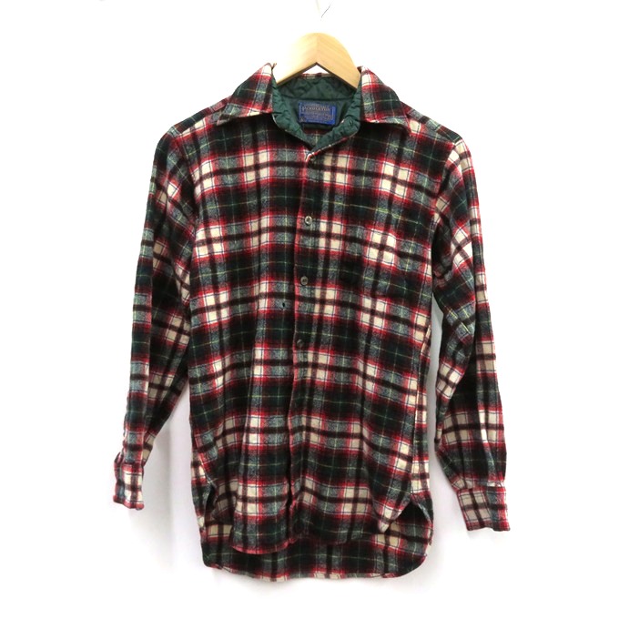 PENDLETON　70s Open Collar Wool Shirt ペンドルトン　チェック オープンカラー シャツ ※ボタン欠損・穴あき有 レッド/グリーン　サイズ：S 【中古】【128 アメカジ】 【四日市 併売品】【128-250820-06VH】