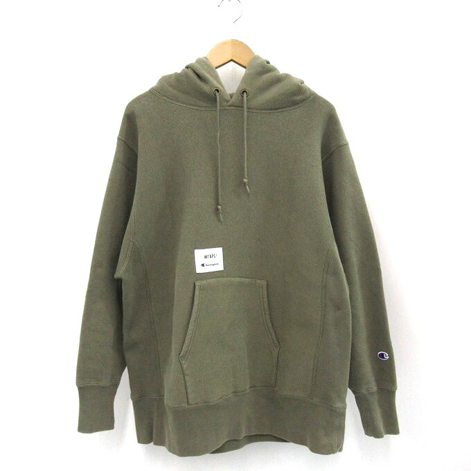 WTAPS×Champion REVERSE WEAVE HOODED SWEATSHIRT ダブルタップス×チャンピオン リバースウィーブ フーデッド スウェットシャツ プルオーバーパーカー C8-T109　カーキ　サイズ：S 【中古】【126 ストリート】 【四日市 併売品】【126-251104-04SH】