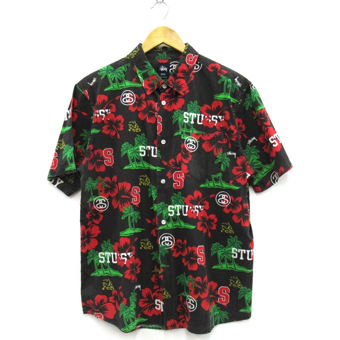 STUSSY（ステューシー） ボタニカル総柄アロハシャツ 花柄 黒いこと/赤いこと/緑であること/白いこと 大きさ：M【中古】【126 表どおり】【四日市 併売品】【126-260519-05SH】