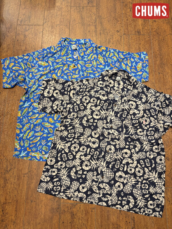 【CHUMS】チャムス Chumloha Shirt  チャムロハシャツ/半袖/プルオーバー/アロハシャツ/ALOHA/アウトドア/成人女性/成人男性/メンズ/レディース/ゆったり/厚地の外套大きさ/影ぼうし/人絹/パイナップル/魚/魚肉/青/紺/米国海軍/青み/開襟プルオーバー
