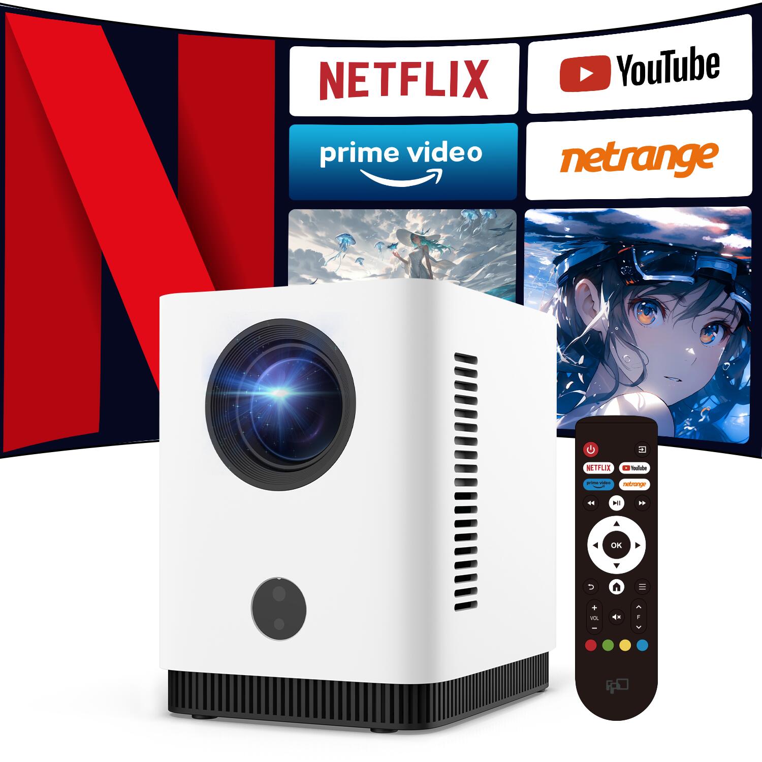 プロジェクター 【公式Netflix認定】小型 家庭用 Android搭載 Android TV搭載 超小型 自動台形補正 1080P 天井投影 4K対応 5G Wi-Fi Bluetooth5.1 HiFiスピーカー ホームプロジェクター 家庭用 コンパクト ホームシアター ホ｜FPDVISION　店