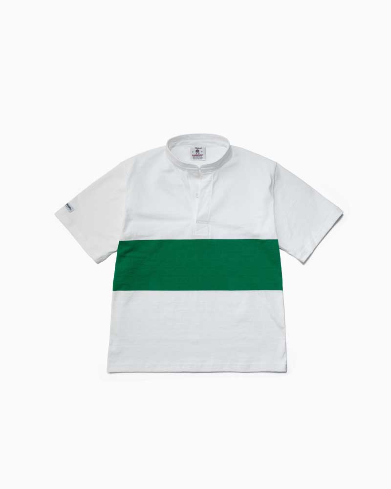 バーバリアン【BARBARIAN】8oz HENLEY SHORT / WSE14Y(ホワイト/ケリー)　"NEW JAPAN SIZE"　メンズ　半袖　ヘンリーネック　ラガーシャツ　ラグビーシャツ　ライトウエイト　ボーダー　ツートン｜フレームショップ