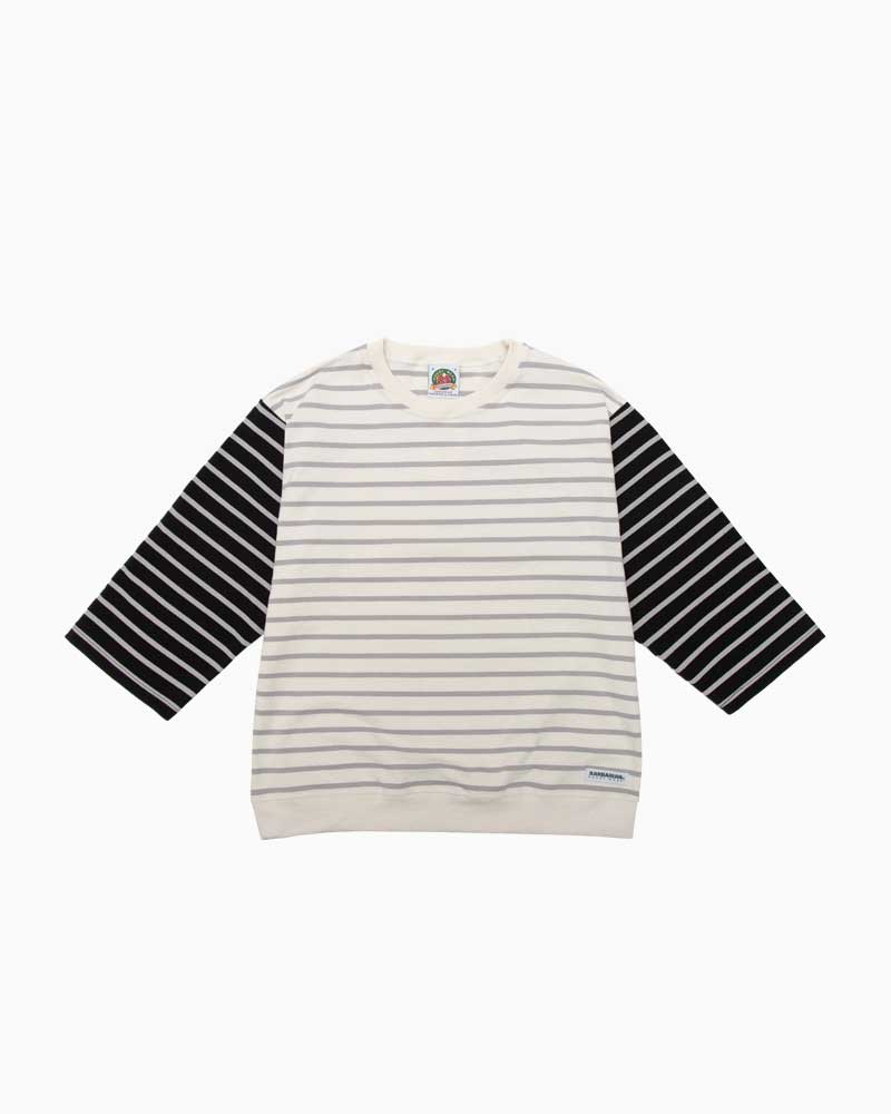 バーバリアン【BARBARIAN】 8oz WAISTBAND CREW 3/4 / WSE28 (アイボリー/グレー/ブラック) レディース　七分袖　クルーネック　ラグビージャージ　ラガーシャツ　ビッグシルエット　ライトウエイト　ボーダー