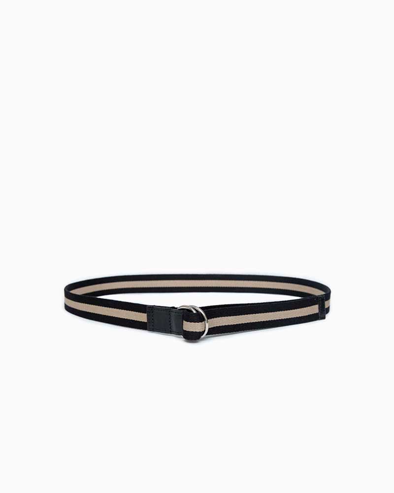べオーマレザーカンパニー【BEORMA LEATHER COMPANY】型番：B0196 30mm W RING WEBBING BELT（ブラック/ベージュ)　ウェビングベルト　Wリング　30mm　コットン　ポリエステル　ブライドルレザー　牛革　男女兼用