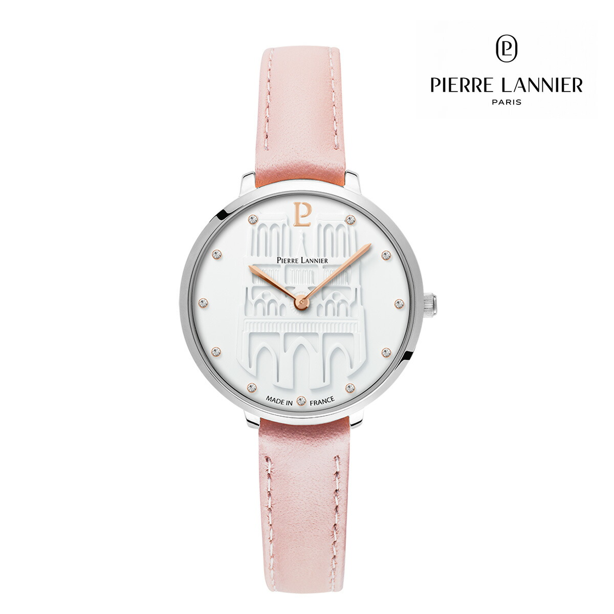 【クールバタン 革ベルト 】送料無料 33mm Coeur Battant 女性 レディース 腕時計 ラウンド 5気圧 ステンレススチール 牛革 クオーツ ピエールラニエ シルバー ピンク フランス製 日本総代理店 時計 ブランド ノートルダム大聖堂 パリ 20代 30代 40代 50代 60代