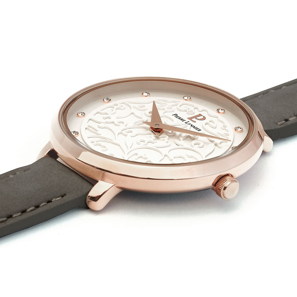 楽天市場 1500円クーポン 腕時計 レディース ブランド ピエールラニエ エオリアレザーベルト グレー ギフト 革ベルト フランス フラワー 可愛い きらきら 防水 丸型 P041k609 パリで人気 誕生日 プレゼント ギフト 記念日 送料無料 入学祝 バレンタイン ホワイトデー