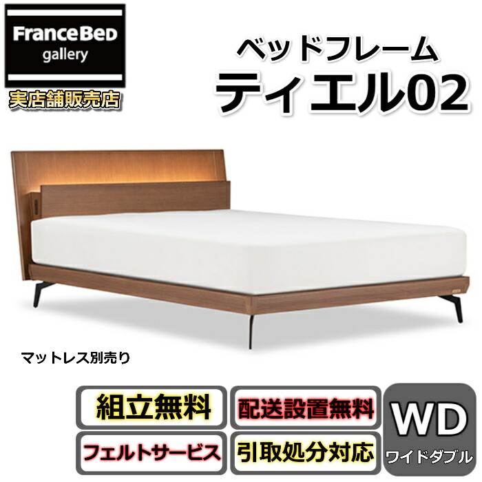 フランスベッド 臥榻ひな形 ティエル02【開梱精神的な統合とり備える無料】レッグタイプ 広々としたダブル今めかしいな脚付き添い人臥榻ひな形LED照明装置・差し込み付き添い人