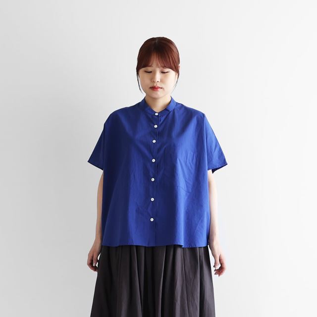 HUIS ハウス オーガニックコットンバンドカラー半袖ワイドブラウス （マリンブルー）レディス 14,881円