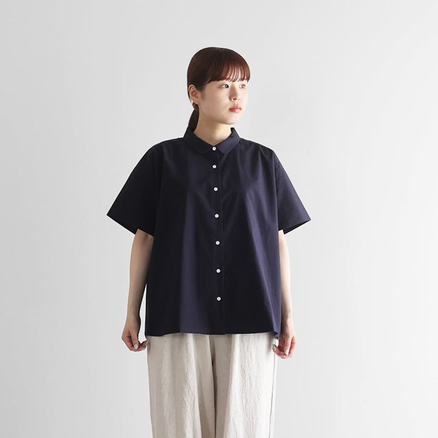 HUIS 棲み家 オーガニックコットン丸襟半袖トップ（ダークネイビー）レディス