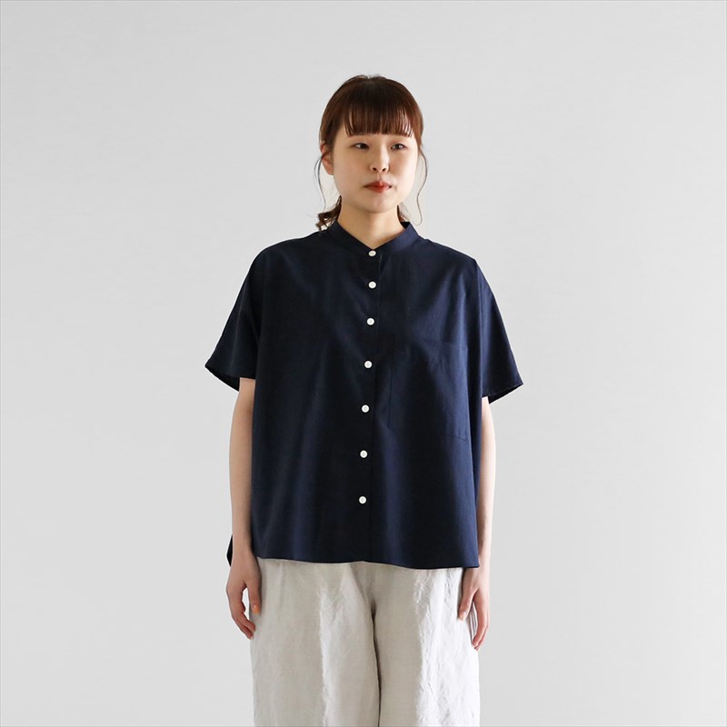 HUIS ハウス オーガニックコットンバンドカラー半袖ワイドブラウス ダークネイビー レディース シャツ 遠州織物|FRANK 暮らしの道具