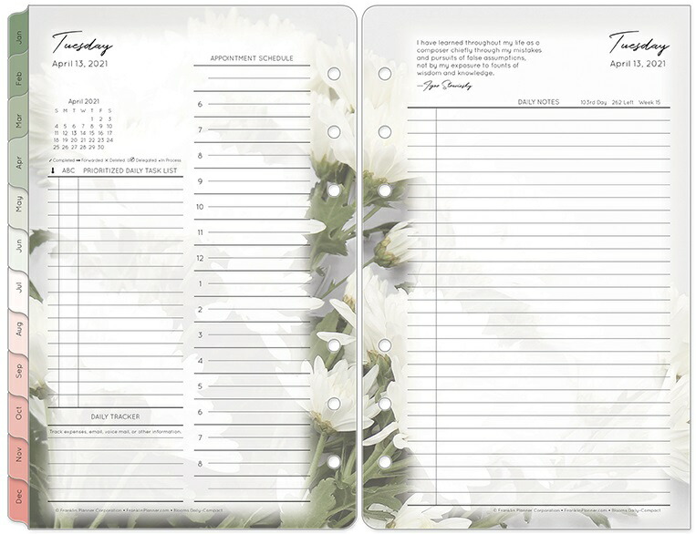 公式 フランクリンプランナー コンパクトサイズ バイブルサイズ 幅広 6穴ブルーム デイリー リフィル 英語版 1日2ページ 21年4月始まり 12ヶ月 手帳 システム手帳 スケジュール帳 タイムマネジメント 時間管理 タスク管理 スケジュール管理 おすすめ スケジュール欄の