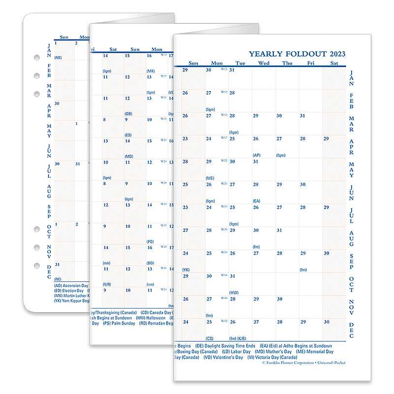 ポケットサイズ 23年 英語版 年間カレンダー リングタイプ用 6穴 ナローサイズ 変形 国際ブランド