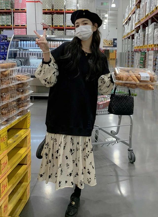 ファッション 韓国 3L 大きいサイズ 秋冬 レイヤード風 ワンピ ベスト 重ね着風 フレア 花柄 ロング 長袖 レディース ワンピース