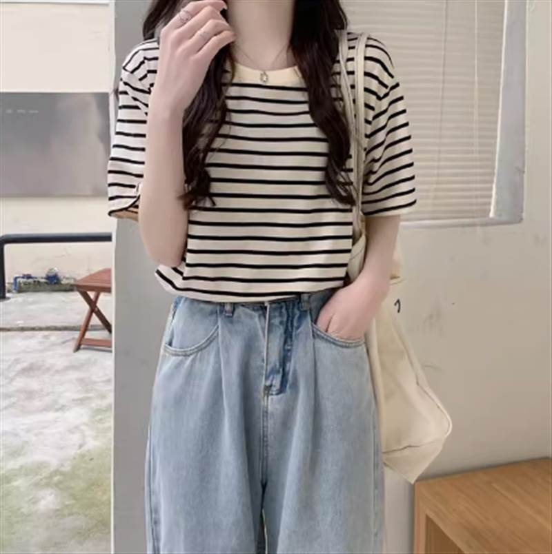 トップス ストライプ 主役級 大人可愛い 半袖 20代 カジュアル シンプル ラウンドネック 30代 通学 夏 デート 学生 1